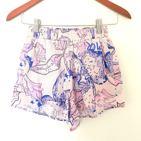 Las Sureñas Amor Blue Linen Blend Elastic Waist Lightweight Pool Day Shorts Sz S - Picture 2 of 13